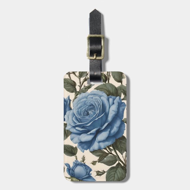 Étiquette À Bagage Roses Bleus Et Feuilles Verts, (Devant Vertical)