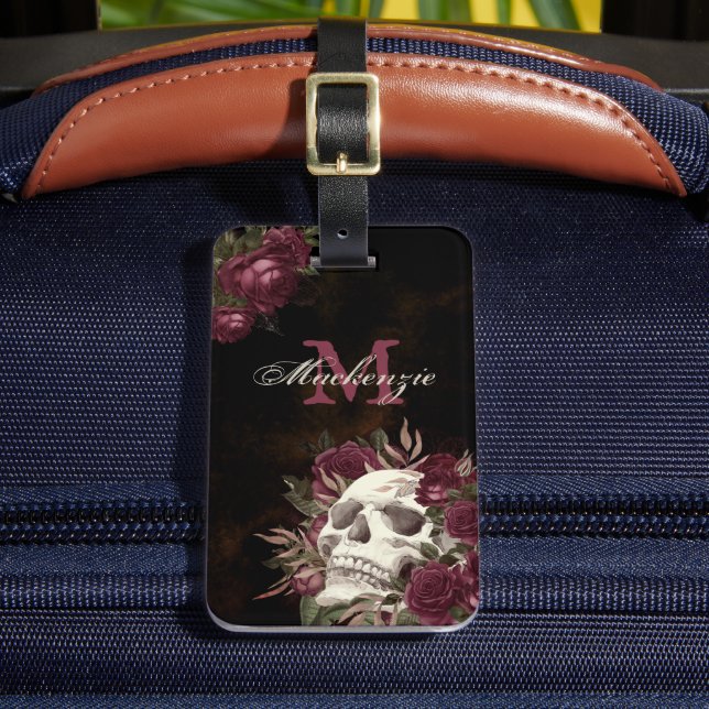 Étiquette À Bagage Roses du crâne Nom du monogramme Bourgogne Grunge  (Insitu Rectoal 2)