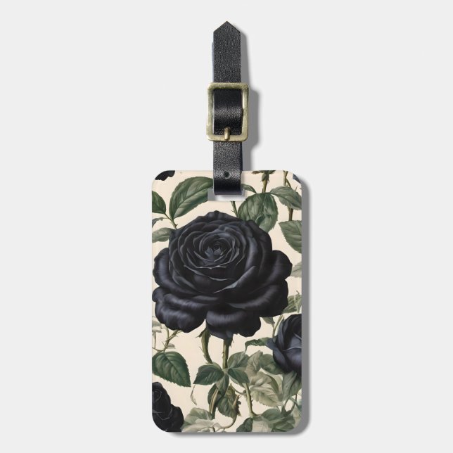 Étiquette À Bagage Roses Noirs Et Feuilles Verts, (Devant Vertical)