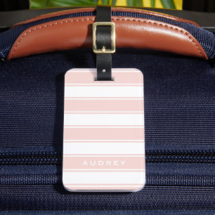 Étiquette À Bagage Roses Pâles Rayures & Monogramme   Moderne Minimal