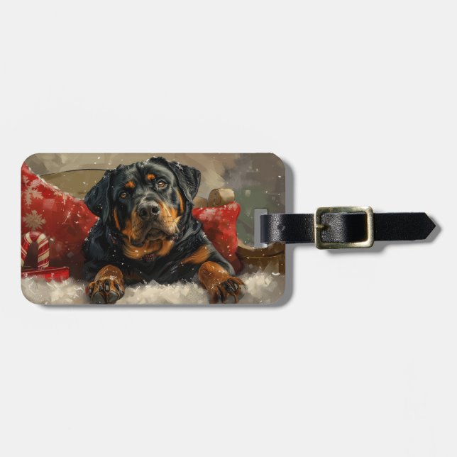 Étiquette À Bagage Rottweiler chien festif de Noël (Devant horizontal)