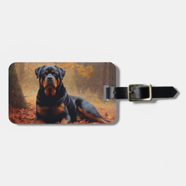 Étiquette À Bagage Rottweiler dans les feuilles d'automne tombées ins (Devant horizontal)