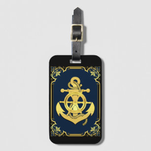 Étiquette À Bagage Roue/ancre marine bleu/or du navire nautique