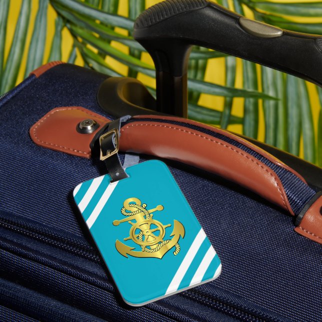 Étiquette À Bagage Roue/ancre nautique bleu-bleu bande/or (Insitu Rectoal 1)