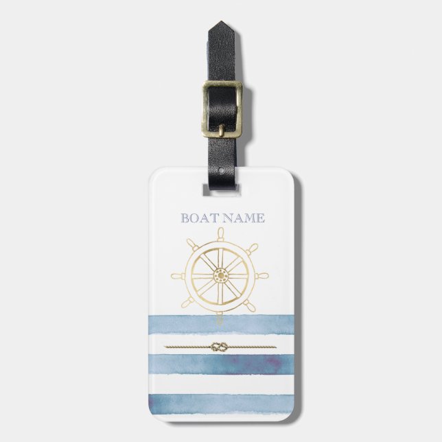 Étiquette À Bagage Roue nautique en or, Bleu Aquarelle (Devant Vertical)