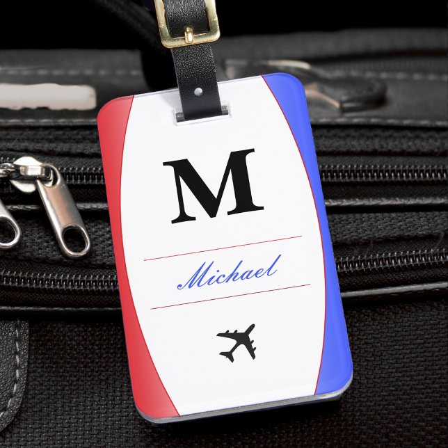 Étiquette À Bagage Rouge Blanc & Bleu Patriotique Nom Monogram valise (red white and blue monogram airplane pilot luggage tag)