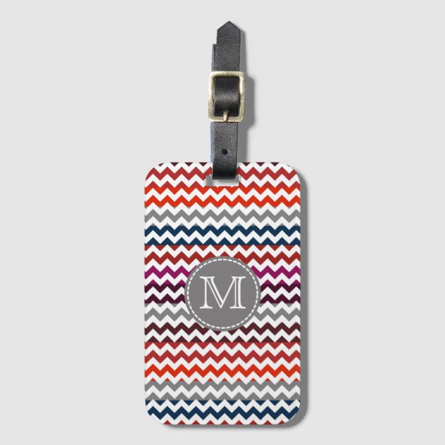 Étiquette À Bagage Rouge blanc gris Chevron Zigzag Monogramme (Devant Vertical)
