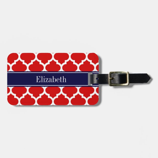 Étiquette À Bagage Rouge Blanc Marocain #5 Bleu Marine Monogramme Nom (Devant horizontal)