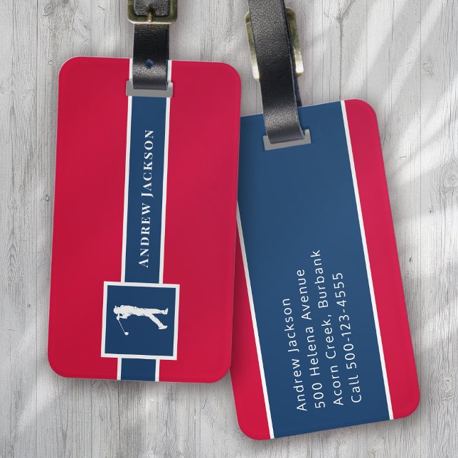Étiquette À Bagage Rouge bleu Personnalisé Monogramme Golfeur (Créateur téléchargé)