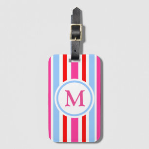 Étiquette À Bagage Rouge Bleu Rose Monogramme Rayures Bonbons