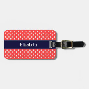 Étiquette À Bagage Rouge Corail, Points Blancs Nom Monogramme Bleu Ma