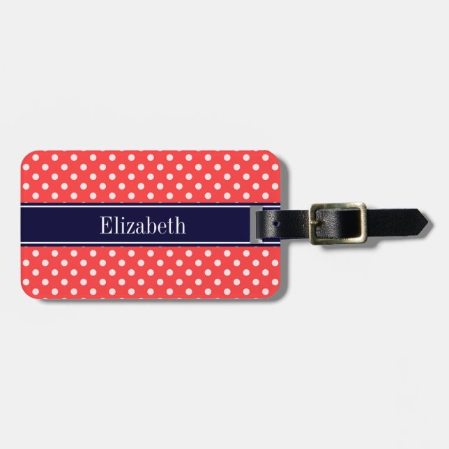 Étiquette À Bagage Rouge Corail, Points Blancs Nom Monogramme Bleu Ma (Devant horizontal)