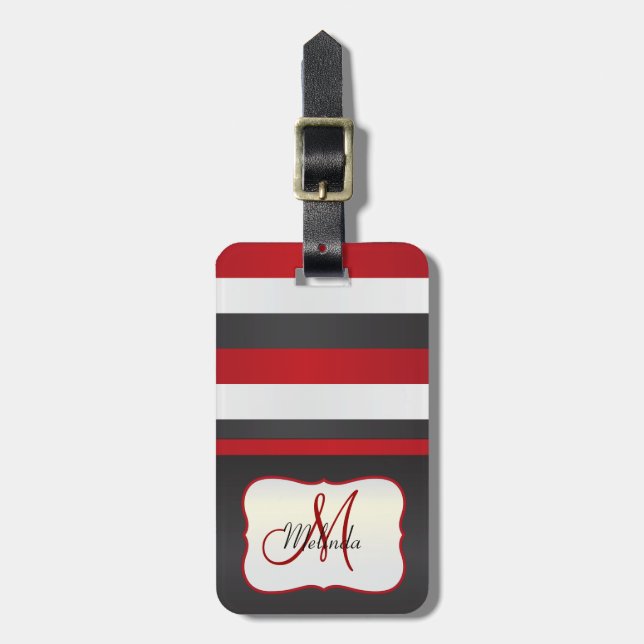 Étiquette À Bagage Rouge du monogramme |, rayures blanches noires (Devant Vertical)