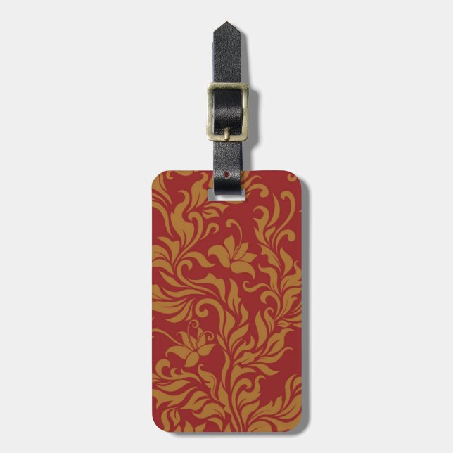 Étiquette À Bagage Rouge et motif floral d'or (Devant Vertical)