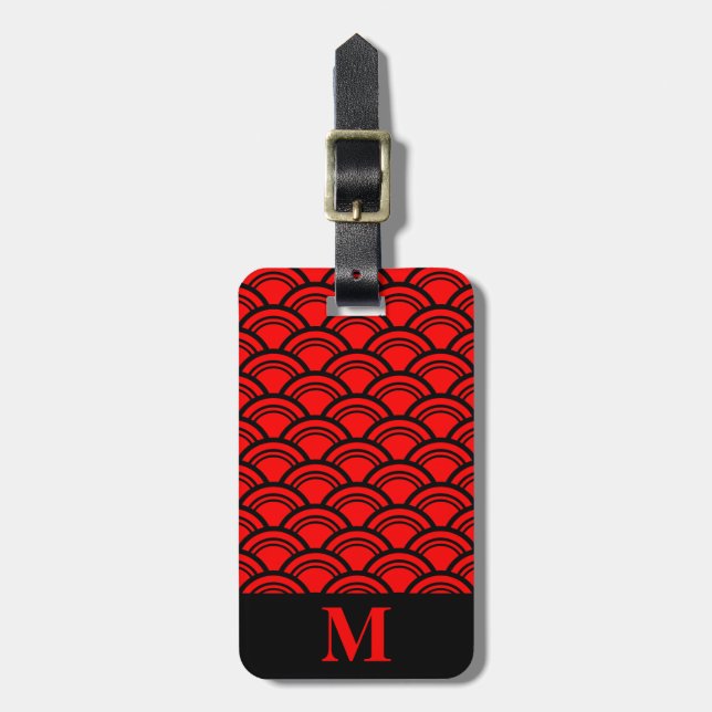 Étiquette À Bagage Rouge Monogramme Art Déco Écailles de Poisson Coqu (Devant Vertical)
