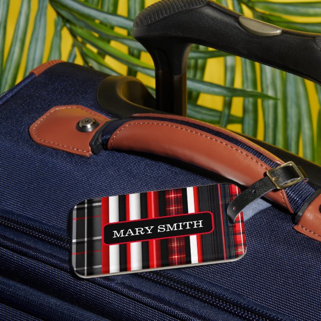Étiquette À Bagage Rouge Noir Abstrait Plaid Collection tendance (Insitu Rectoal 3)