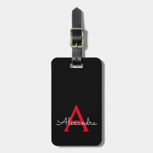 Étiquette À Bagage Rouge Noir Script Féminin Monogramme Nom Moderne