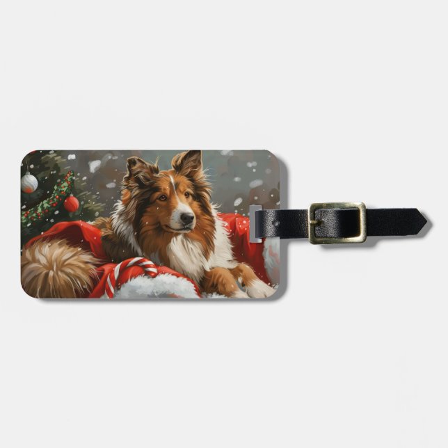 Étiquette À Bagage Rough Collie Chien Fête de Noël (Devant horizontal)