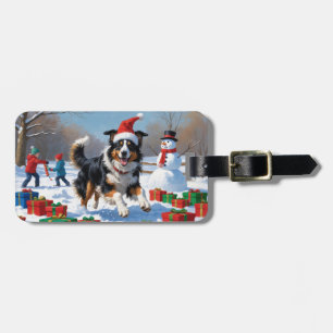 Étiquette À Bagage Rough Collie Courir dans la neige avec le Casquett