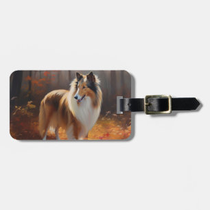 Étiquette À Bagage Rough Collie dans les feuilles d'automne tombent i