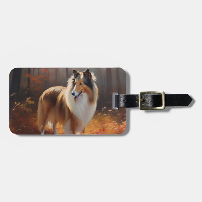 Étiquette À Bagage Rough Collie dans les feuilles d'automne tombent i (Devant horizontal)