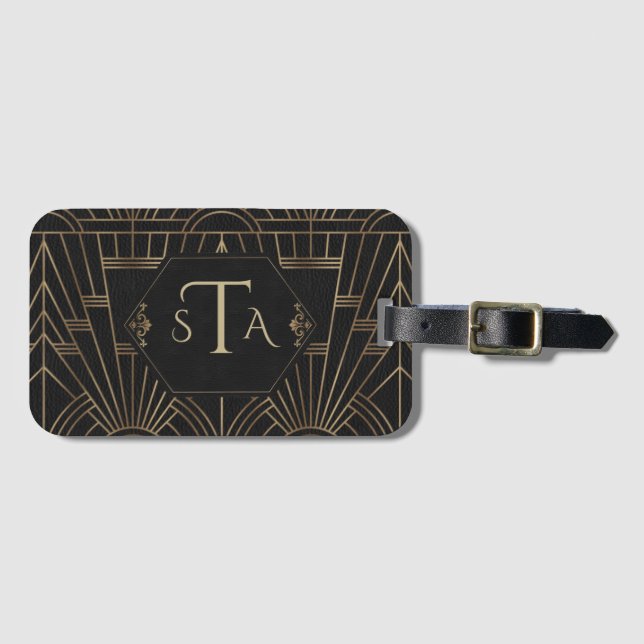 Étiquette À Bagage Royal Gold Black Great Gatsby 20s Monogramme (Devant Horizontal)
