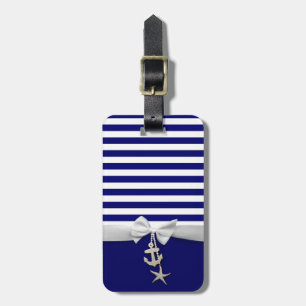 Étiquette À Bagage Ruban blanc nautique et charmes de rayure bleue