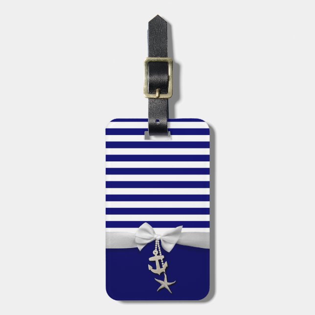 Étiquette À Bagage Ruban blanc nautique et charmes de rayure bleue (Devant Vertical)