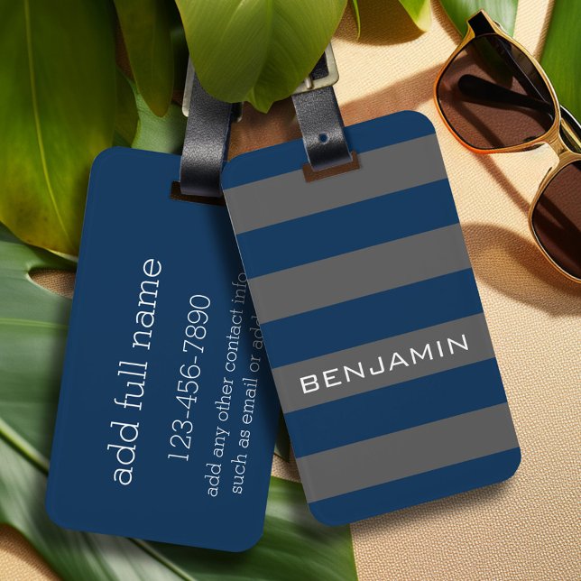 Étiquette À Bagage Rugby bleu marine et gris avec nom personnalisé (Personalized luggage tag - Modern Stripe Pattern with custom text)