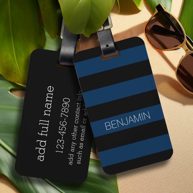 Étiquette À Bagage Rugby bleu marine et noir avec nom personnalisé (Personalized luggage tag - Modern Stripe Pattern with custom text)