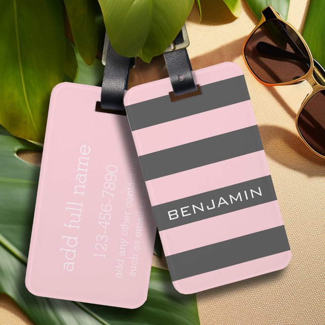 Étiquette À Bagage Rugby rose et gris avec nom personnalisé (Personalized luggage tag - Modern Stripe Pattern with custom text)