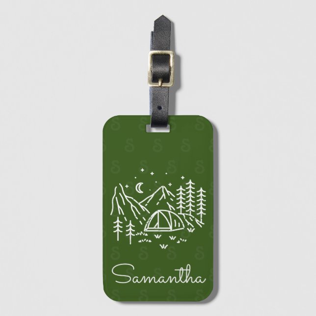 Étiquette À Bagage Rustic Bold Adventure Camping Trip Monogram Green (Devant Vertical)