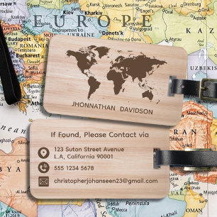 Étiquette À Bagage Rustic Wood World Travel Carte Nom Brown Typograph