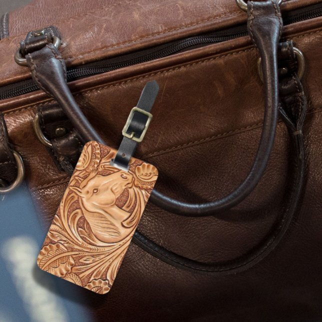 Étiquette À Bagage rustique western country cuir cheval équestre (rustic western country leather equestrian horse luggage tag)