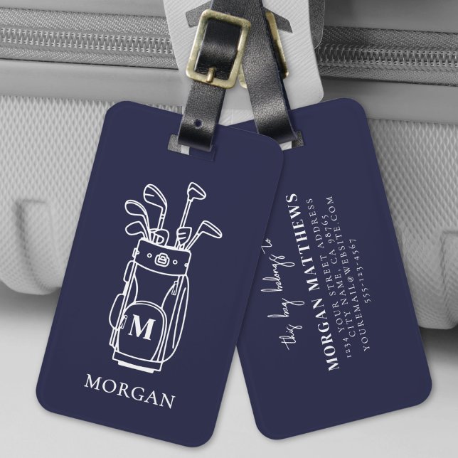 Étiquette À Bagage Sac de golf à monogramme bleu marine (Navy Blue Monogram Golf Bag Luggage Tag)