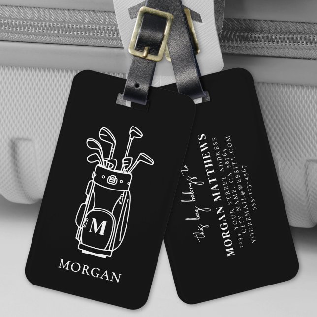 Étiquette À Bagage Sac de golf à monogramme noir (Black Monogram Golf Bag Luggage Tag)