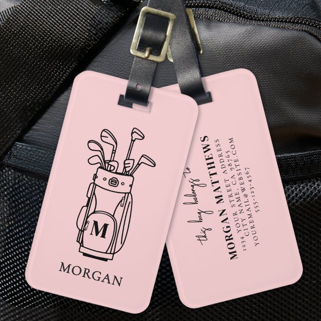 Étiquette À Bagage Sac de golf à monogramme rose (Pink Monogram Golf Bag Luggage Tag)