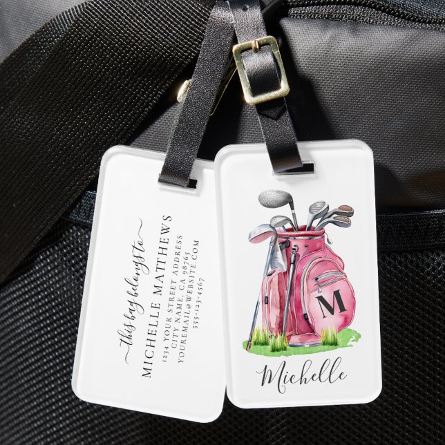 Étiquette À Bagage Sac de golf à monogramme rose (Pink Monogram Golf Bag Luggage Tag)