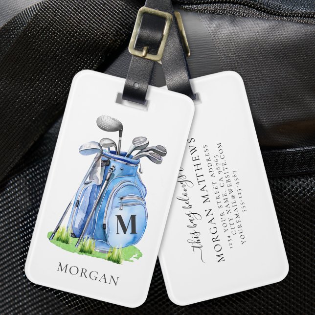 Étiquette À Bagage Sac de golf bleu monogrammé (Blue Golf Bag Monogram Luggage Tag)