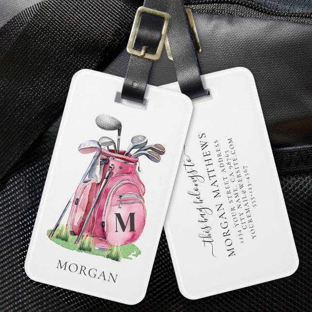 Étiquette À Bagage Sac de golf rose monogramme (Monogram Pink Golf Bag Luggage Tag)