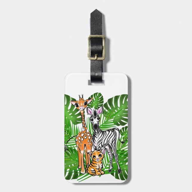 Étiquette À Bagage Safari amis, girafe, zèbre, tigre, palme feuilles (Devant Vertical)