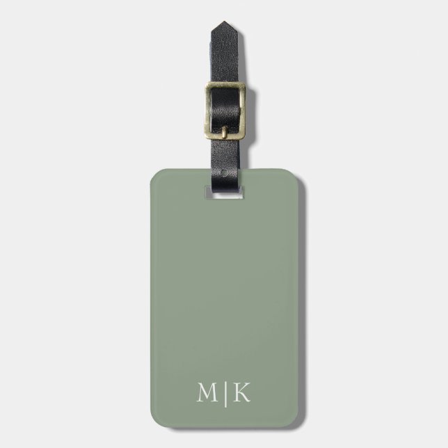 Étiquette À Bagage Sage vert et blanc | Monogramme moderne (Devant Vertical)