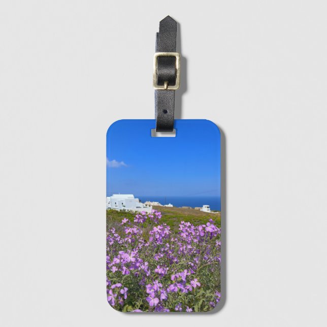 Étiquette À Bagage Santorin Grèce Bâtiment blanc Violet Fleur sauvage (Devant Vertical)