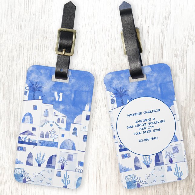 Étiquette À Bagage Santorin Monogram Aquarelle Art (Santorini monogram watercolor blue and white luggage tag)