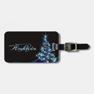 Étiquette À Bagage Sapin Bleu de Fête de Noël Élégant Noir Brillant
