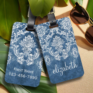 Étiquette À Bagage Sapphire Blue Vintage Damask Modèle et nom