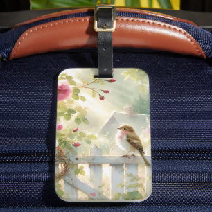 Étiquette À Bagage Scène aquarelle de rose de jardin et d'oiseau