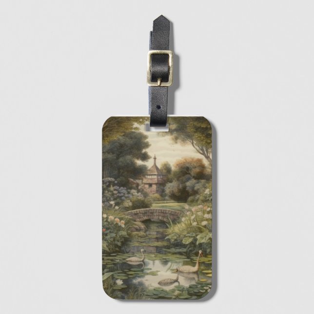 Étiquette À Bagage Scène botanique de cygnes dans un jardin anglais (Devant Vertical)