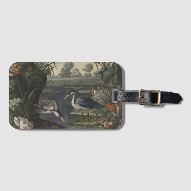 Étiquette À Bagage Scène botanique de grues bleues au bord d'une rivi (Devant Horizontal)