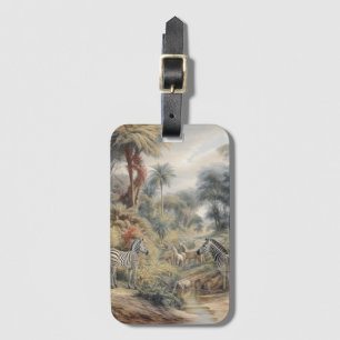 Étiquette À Bagage Scène botanique de zèbres dans une oasis